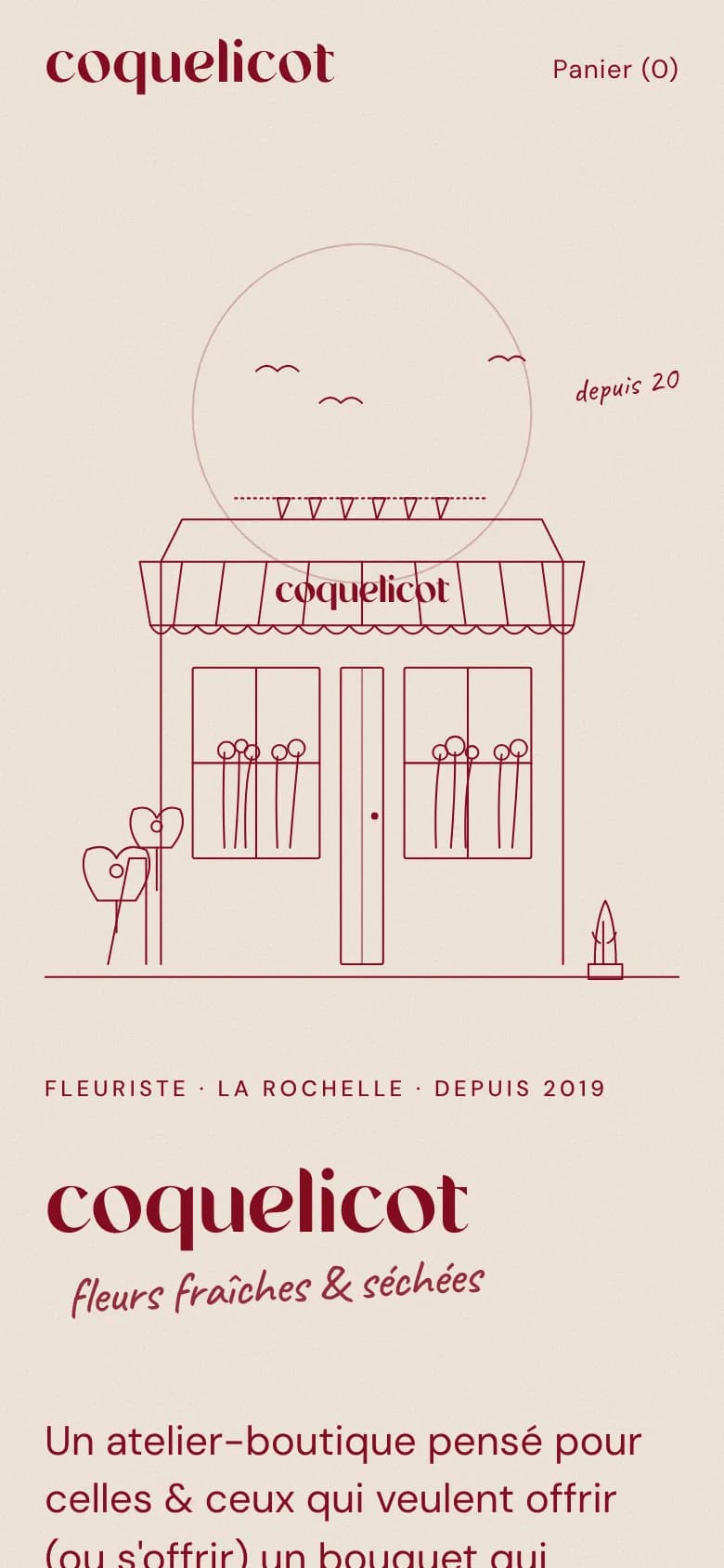 Accueil de la boutique sur un écran de téléphone, version du 13 septembre 2026 : logo « coquelicot », devanture dessinée au trait, titre et mention « fleurs fraîches & séchées ».