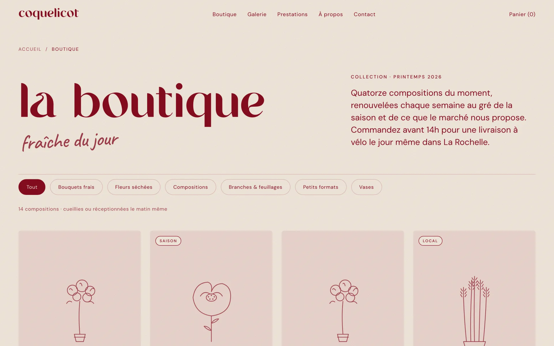 Catalogue de la boutique, version du 13 septembre 2026 : titre « la boutique », filtres par catégorie (Tout, Bouquets frais, Fleurs séchées, Compositions, Branches & feuillages, Petits formats, Vases) et premières cartes de produits illustrées au trait, avec les badges « Saison » et « Local ».