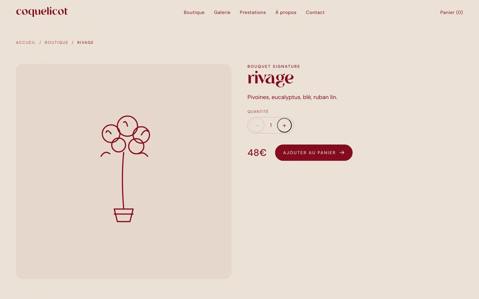 Page du bouquet « rivage » : illustration au trait, description « Pivoines, eucalyptus, blé, ruban lin. », sélecteur de quantité, prix de 48 € et bouton « Ajouter au panier ». Ce produit n'a ni taille ni coloris.
