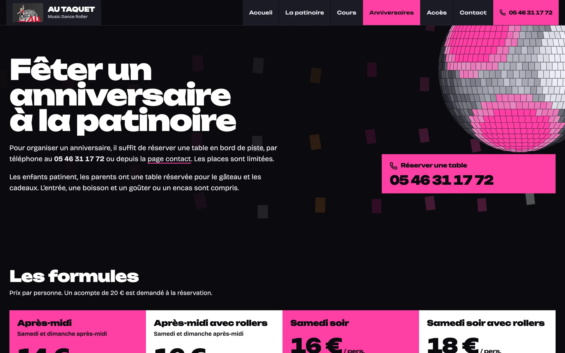 Page anniversaires : titre « Fêter un anniversaire à la patinoire », bloc rose pour réserver une table par téléphone, et début des formules en tuiles colorées (après-midi, après-midi avec rollers, samedi soir, samedi soir avec rollers).