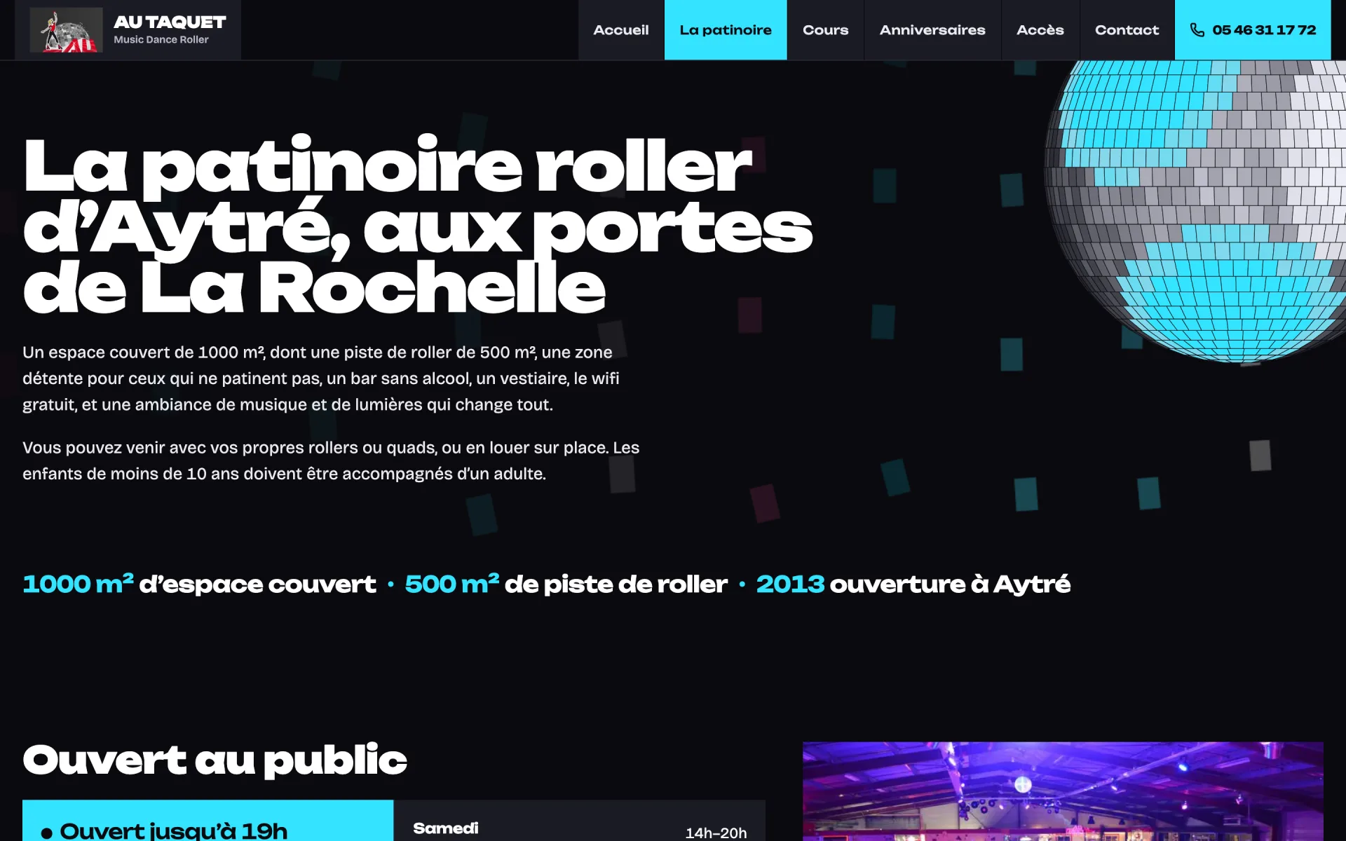 Page de présentation de la patinoire : titre « La patinoire roller d'Aytré, aux portes de La Rochelle », texte de présentation, surfaces et année d'ouverture, début des horaires et photo de la salle.